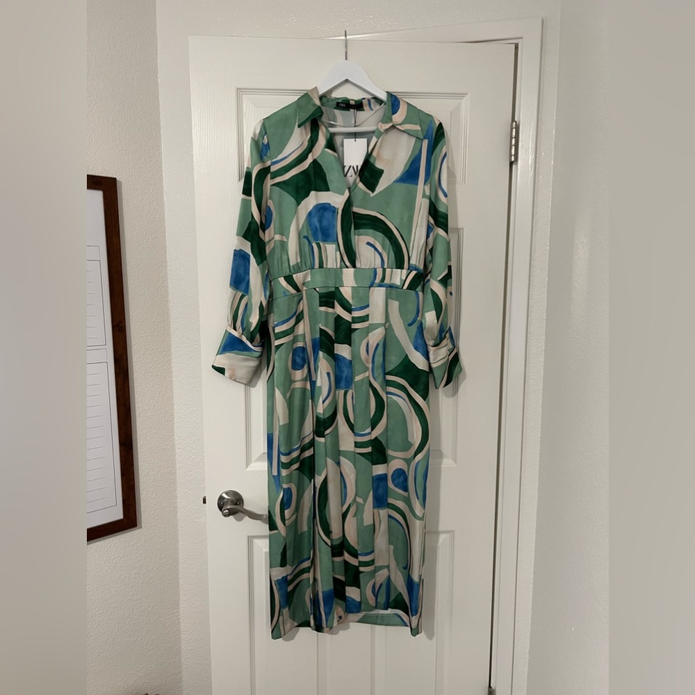 Zara Green & Blue Abstract Print Maxi Dress
